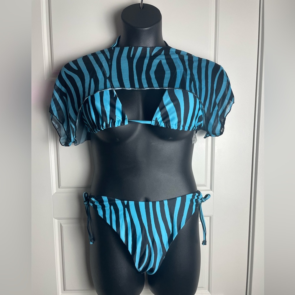 Blue Black Zebra Print Bikini Set 1XL Cutout Tie Side Swimwear